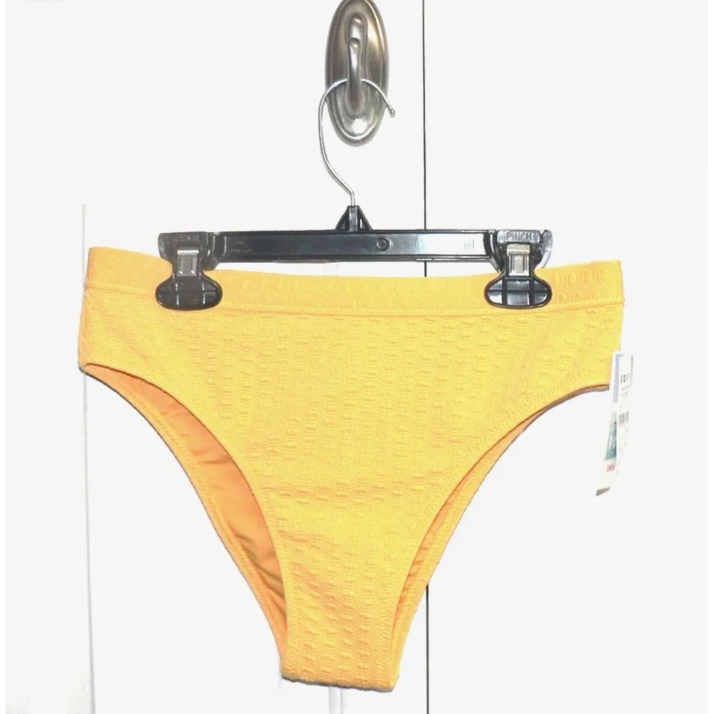 Roxy Haleiwa Banded High Waisted Textured Logo Bikini Bottom in Golden Rod Small